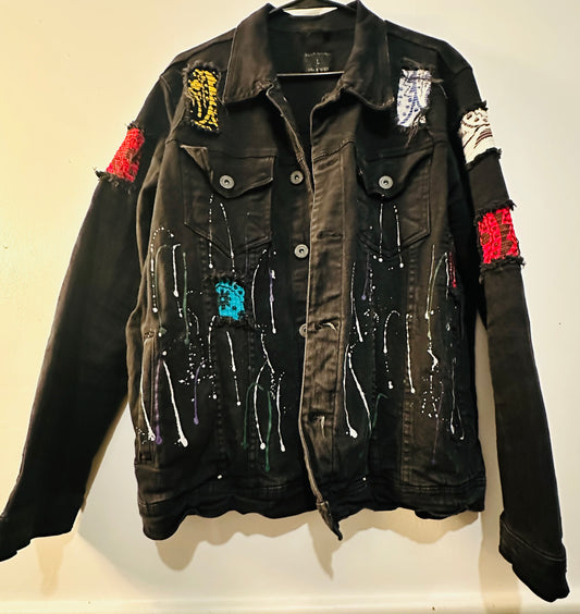 Men’s Large Black Denim paint and patchwork stylish Jacket